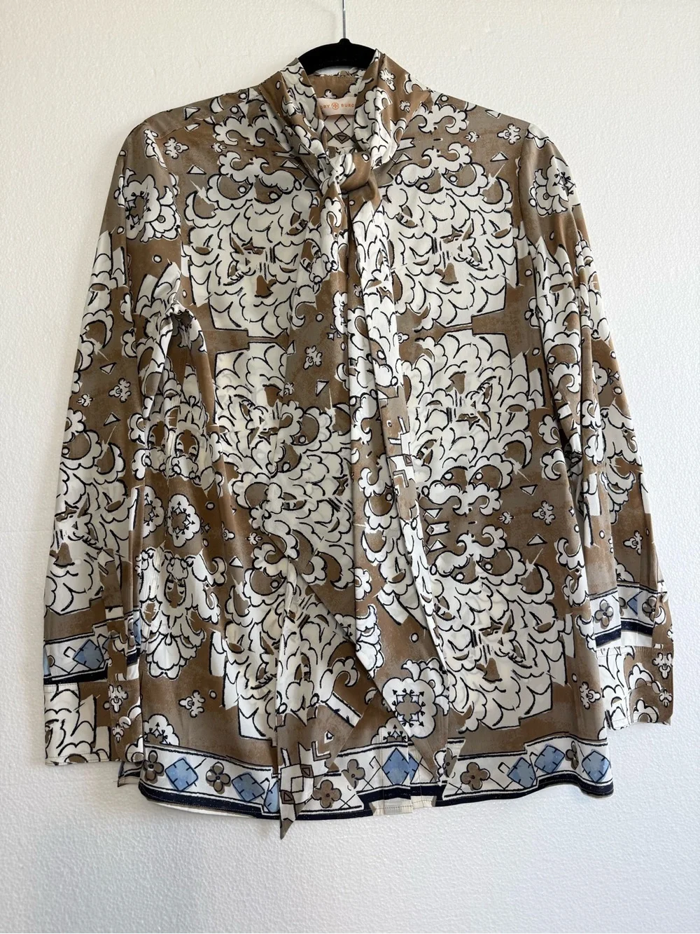 Tory Burch Silk Tie Neck Button Down Floral Tunic Blouse Taupe Cream Size 4